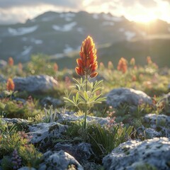 Poster - A solitary wildflower blossoms in a serene 3D grassland, set against a gentle, sun-kissed background, showcasing minimalist beauty.