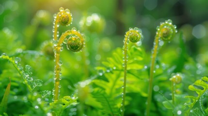 Aufkleber - Dew-covered ferns unfurling in a shaded forest, a symbol of renewal and growth