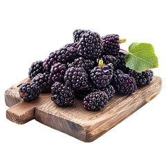 Wall Mural - Front view of a pile of cut mulberries on a wooden chopping board isolated on a white transparent background