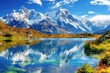A beautiful mountain lake with a blue sky in the background