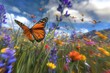 A butterfly is flying in a field of flowers