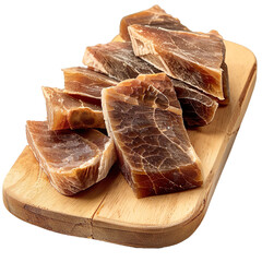 Wall Mural - Front view of a pile of cut salaks on a wooden chopping board isolated on a white transparent background
