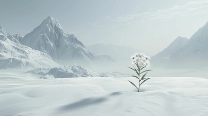 Sticker - A delicate blossom defiantly thrives in a serene 3D glacier landscape, contrasting against the pristine white snow.