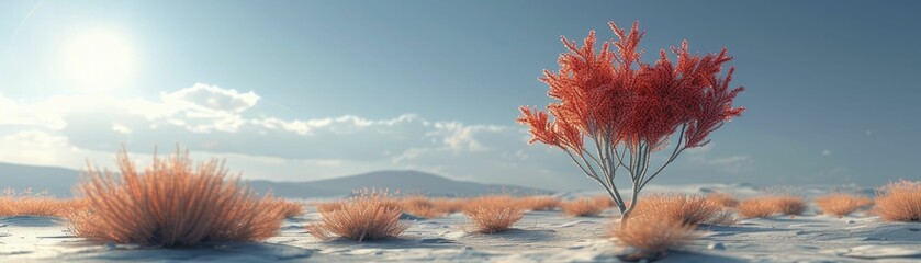 Poster - In the stark desert landscape, a lone ocotillo flower blooms vibrantly under the intense glow of the sun in a minimalist 3D rendering.