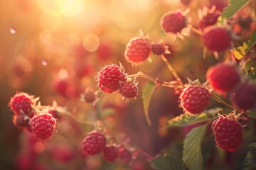 Wall Mural - Raspberry berries in the garden close-up. Blurred background