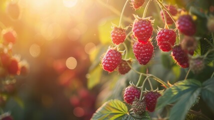 Wall Mural - Raspberry berries in the garden close-up. Blurred background