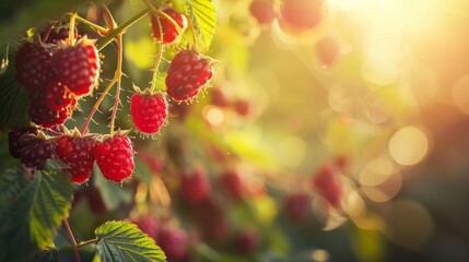 Wall Mural - Raspberry berries in the garden close-up. Blurred background