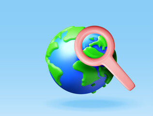 Poster - 3D Globe with map of world with magnifying glass isolated. Render GPS map and search loupe icon. GPS and navigation symbol. Element for map, social media, mobile apps. Realistic vector illustration