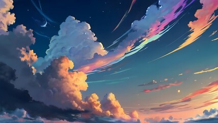 Wall Mural - Anime fantasy wallpaper background concept : Fiery orange and red clouds ablaze paint the dusky sky at sunset, generative ai