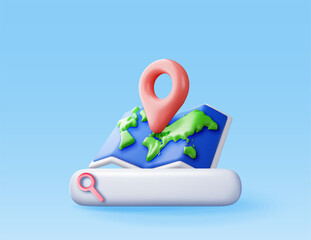 Poster - 3D location folded paper map, search bar and pin isolated. Red GPS pointer marker icon. Render GPS and navigation symbol. Element for map, social media, mobile apps. Realistic vector illustration