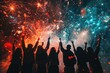 © Thanyaporn - Exuberant Celebration with Fireworks in Night Sky. Group of people with raised hands celebrating under colorful fireworks at night.