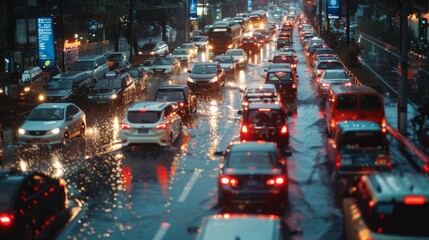 Fototapete - Heavy traffic on a rainy day, with vehicles moving slowly through flooded streets.