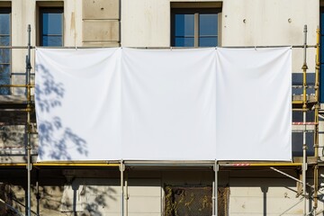 Wall Mural - Sunny day with white banner on construction site fence for ads