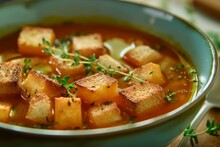Sweet Potato Soup With Croutons And Thyme Leaves Focused