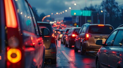 Aufkleber - Long line of vehicles at a standstill on a highway due to a traffic bottleneck.