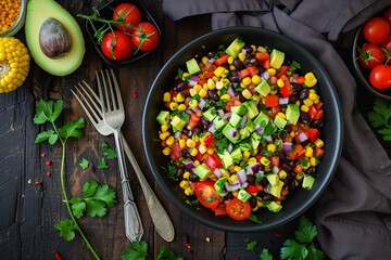 Texas style black bean salad with avocado bell pepper corn and cilantro arranged on a black bowl on a wooden table top down perspective