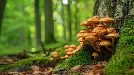Poster - Mushrooms clustered around the base of a towering tree trunk in a pristine forest