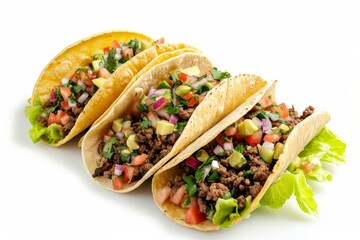 Three street tacos on white background