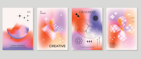Abstract gradient fluid liquid cover template. Set of modern poster with vibrant graphic color, hologram, circle bubbles elements. Minimal style design for brochure, flyer, wallpaper, banner.