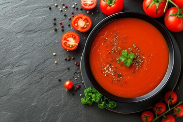 Wall Mural - Top down view of tomato soup in a black bowl placed on a grey stone background with empty area for additional content