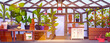 Greenhouse garden interior with glass walls and door, furniture and equipment. Cartoon vector glasshouse with farm plants and horticulture seedlings, flowers and vegetables in pots, chest and tables.