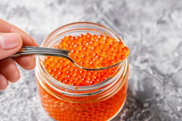 Sticker - Top view of a hand holding a spoon over a glass jar filled with red salmon caviar on a light background showcasing healthy seafood