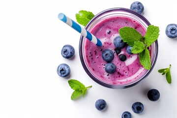 Poster - Top view of blueberry milkshake or smoothie with straw and mint leaves on white background