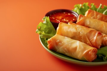 Wall Mural - spring roll and chili sauce on background