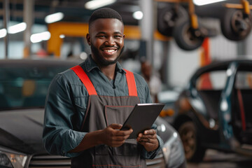 Wall Mural - Happy African American mechanic holding a digital tablet in the car workshop.