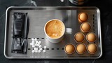 Top view of an espresso cup on a stainless steel tray with a milk frother and sugar packets.illustration image