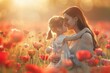Woman Holding Little Girl in Field of Flowers