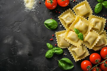 Wall Mural - Top view of ravioli with tomato sauce and basil on a dark background