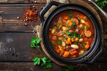 Top view of rustic pan on wooden table with stew or white bean soup containing sausage veggies spices and herbs