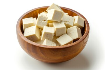 Wall Mural - Top view of tofu cheese in wooden bowl isolated on white background with clipping path and depth of field flat lay