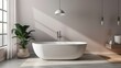 Closeup of a spacious bathroom with a white freestanding bathtub minimalist lighting fixtures and a neutral color palette reflecting the simplicity and sophistication of minimalist .