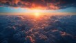 Majestic clouds basking in the fiery glow of sunset, as seen from above. AI Generative.