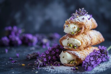 Wall Mural - Traditional Sicilian dessert Homemade cannoli with ricotta cheese cream pistachios lavender on a dark background Italian pastry with selective focus