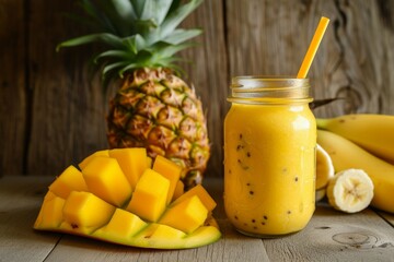Wall Mural - Tropical fruit smoothie in Mason jar on vintage wooden background