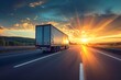 Truck transporting cargo on a highway during the evening with sunlight and sun rays