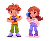 Fototapeta Panele - Child play phone. Kid using mobile for game vector. Boy and girl children addict with smart electronic gadget. Baby gamer holding technology for texting, education and watching video illustration set