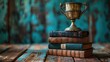 stack of books with golden cup trophy and medal academic and school knowledge business education and graduation place for your text copy space empty space,art photo