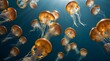 Swarm of jellyfish underwater with sunlight.generative.ai