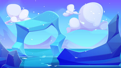 Wall Mural - Arctic ocean winter landscape. Vector cartoon illustration of polar winter background with cold sea water, iceberg blocks, ice arch, blue sky with fluffy white clouds, travel adventure game backdrop