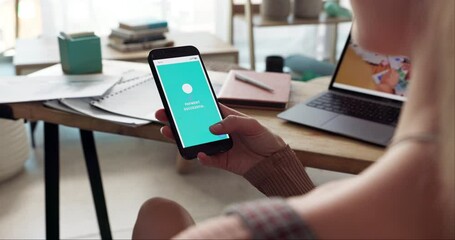 Aufkleber - hands, phone screen and success with payment for woman in home with scroll, fintech and e commerce. 