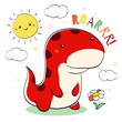 Doodle style illustration with cute dino, cloud, sun and flower. Sketch in hand drawn style with smiling cartoon dinosaur. Can be used for kids room poster, card, print, t-shirt design. Vector EPS8