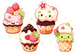 Set of cute sweet desserts in kawaii style with smiling face and pink cheeks. Cake, muffin and cupcake with whipped cream, strawberry. Vector illustration EPS8