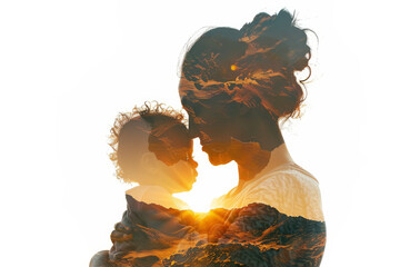 Motherhood concept image with mother carrying her child letting see a beautiful landscape on white background