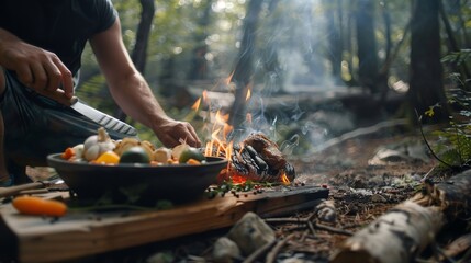 Wall Mural - A man is cooking food over a fire in a forest