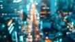 Defocused aerial shot of a bustling metropolis with blurred cars and skysers representing the continuous flow of information and data through digital networks connecting individuals .
