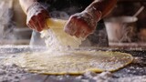 Fototapeta  - Closeup of a chef meticulously folding a crepe the batter spreading evenly and creating a delicate lacy pattern on the hot griddle. .